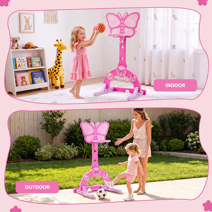 Keezi 3-in-1 Kids Basketball Hoop Soccer Goal Golf Game Set with Balls Pink - Image 5