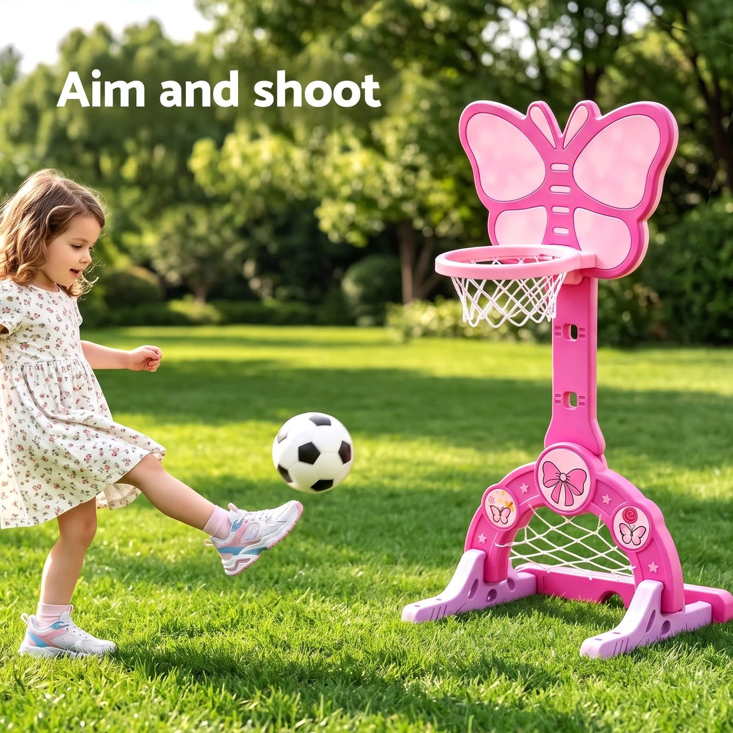 Keezi 3-in-1 Kids Basketball Hoop Soccer Goal Golf Game Set with Balls Pink - Image 6