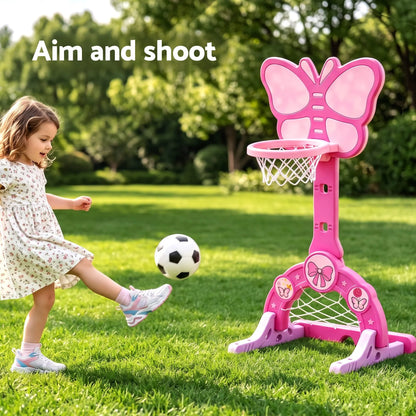 Keezi 3-in-1 Kids Basketball Hoop Soccer Goal Golf Game Set with Balls Pink - Image 6