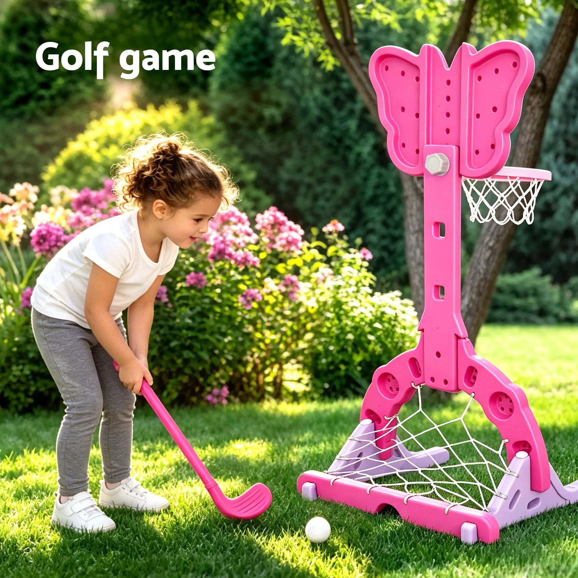 Keezi 3-in-1 Kids Basketball Hoop Soccer Goal Golf Game Set with Balls Pink - Image 7