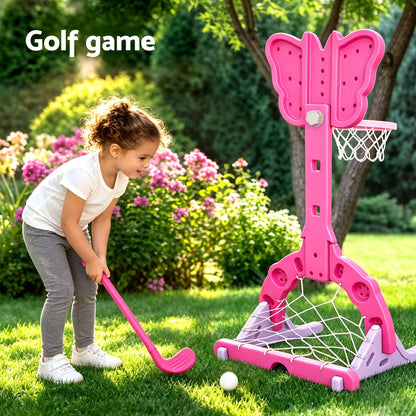 Keezi 3-in-1 Kids Basketball Hoop Soccer Goal Golf Game Set with Balls Pink - Image 7