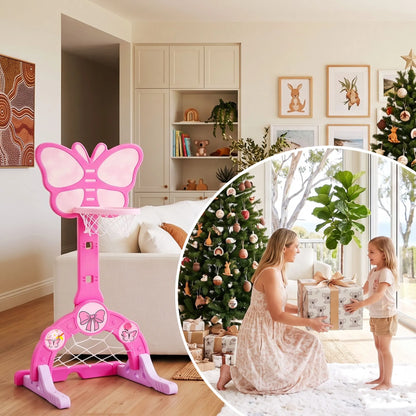 Keezi 3-in-1 Kids Basketball Hoop Soccer Goal Golf Game Set with Balls Pink - Image 8