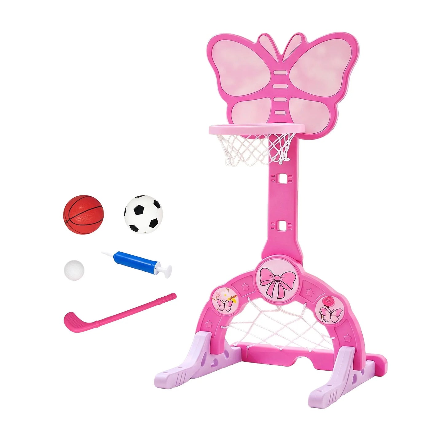 Keezi 3-in-1 Kids Basketball Hoop Soccer Goal Golf Game Set with Balls Pink - Image 9