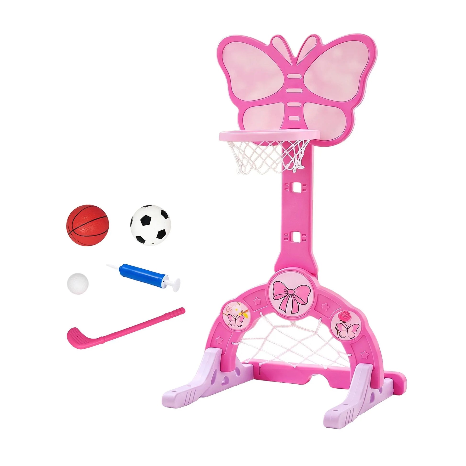 Keezi 3-in-1 Kids Basketball Hoop Soccer Goal Golf Game Set with Balls Pink - Image 9