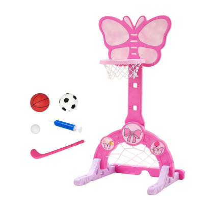 Keezi 3-in-1 Kids Basketball Hoop Soccer Goal Golf Game Set with Balls Pink - Image 9