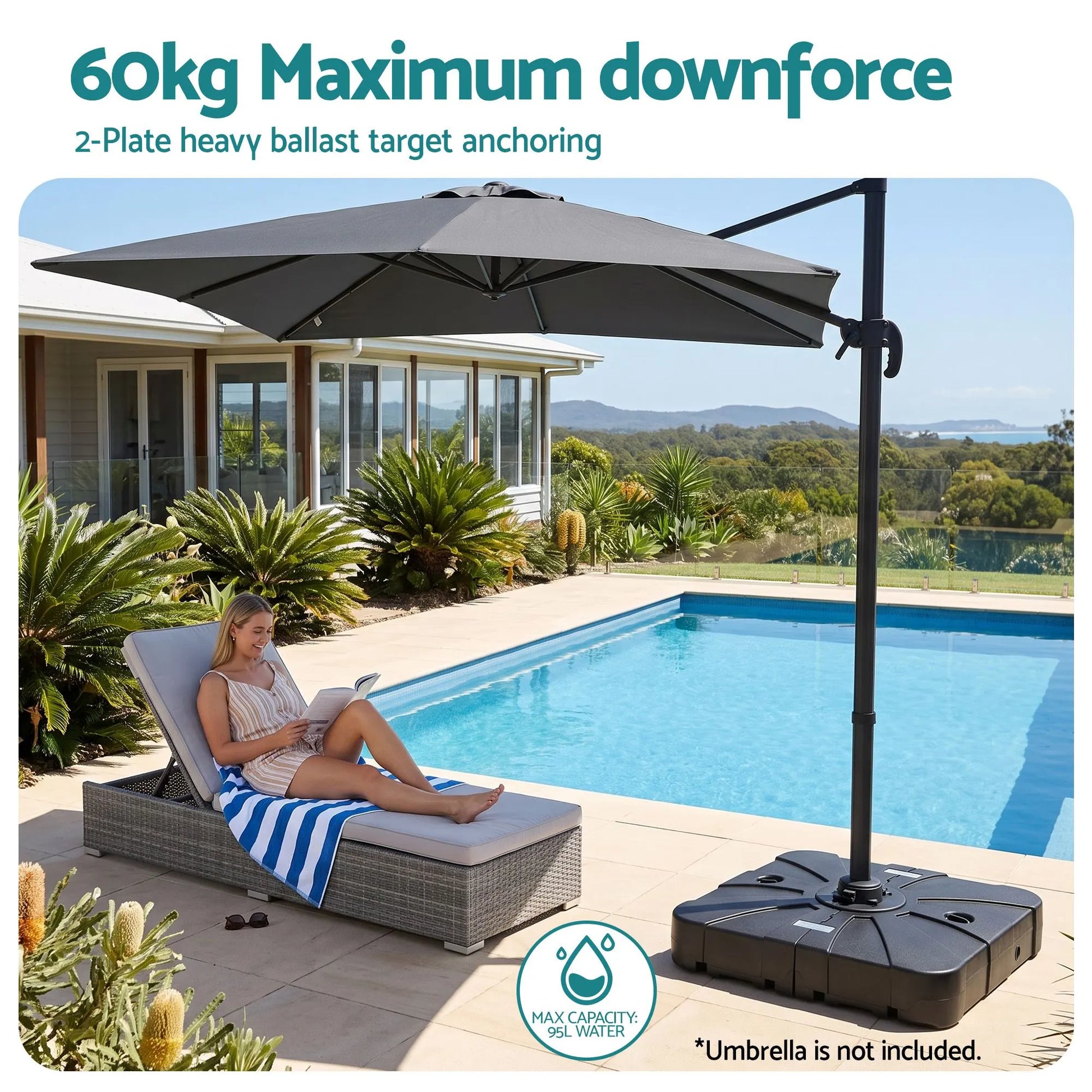 Instahut Outdoor Umbrella Base 2 Fillable 60kg Cantilever Umbrella Base with Wheels 84cm - Image 4