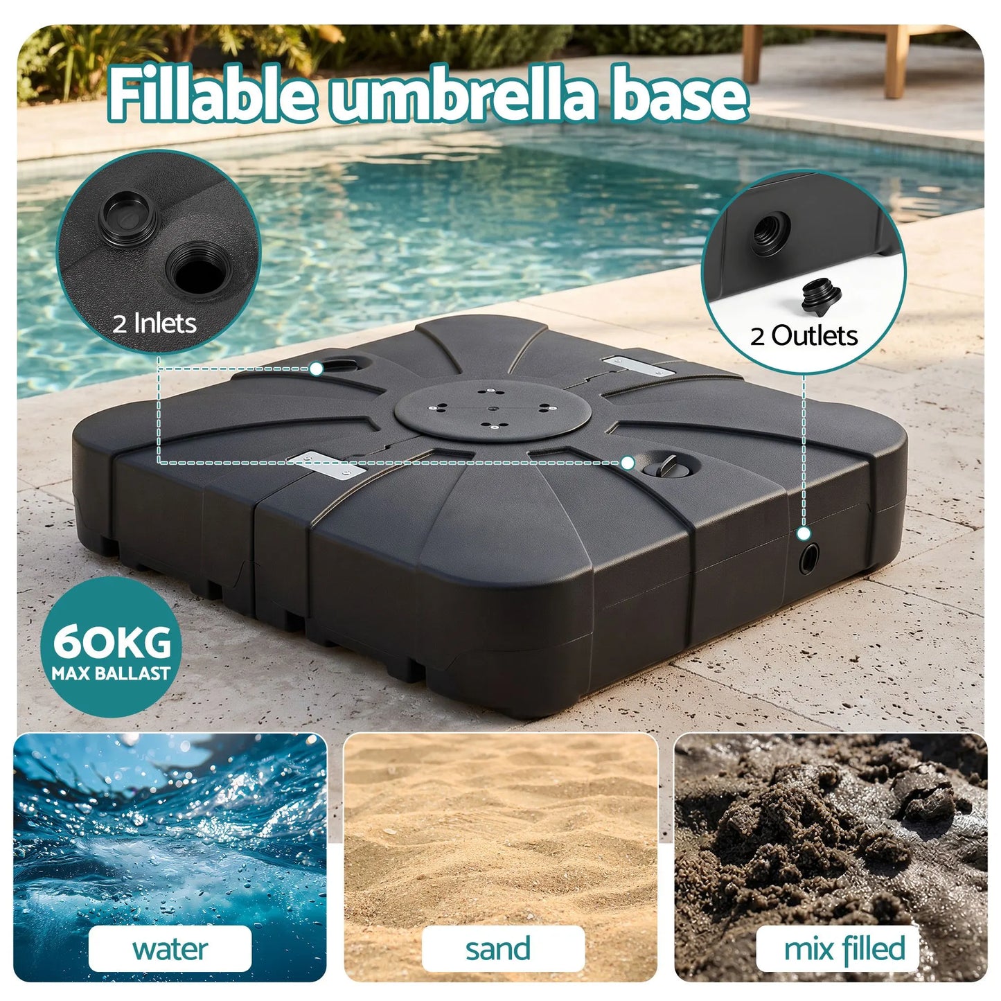 Instahut Outdoor Umbrella Base 2 Fillable 60kg Cantilever Umbrella Base with Wheels 84cm - Image 5