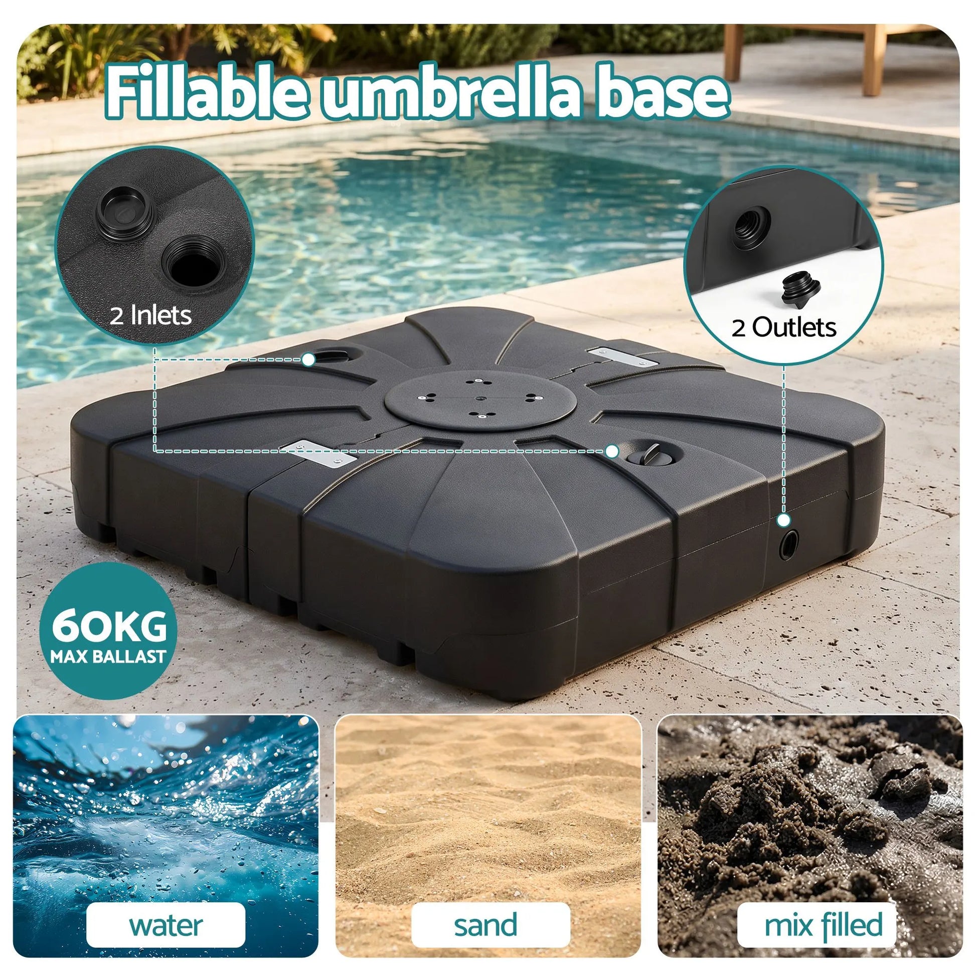 Instahut Outdoor Umbrella Base 2 Fillable 60kg Cantilever Umbrella Base with Wheels 84cm - Image 5