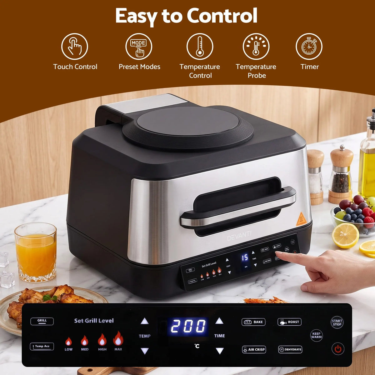 Devanti 5-in-1 Electric BBQ Grill Air Fryer, 2200W 8L Smart Thermometer - Image 7
