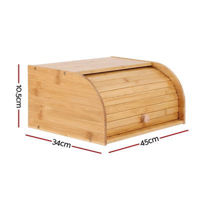 Artiss Bamboo Bread Box Bin Roll Top Kitchen Countertop Storage 45cm Natural - Image 2