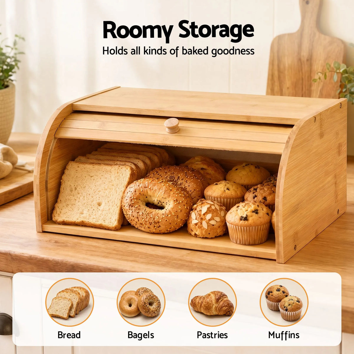Artiss Bamboo Bread Box Bin Roll Top Kitchen Countertop Storage 45cm Natural - Image 3