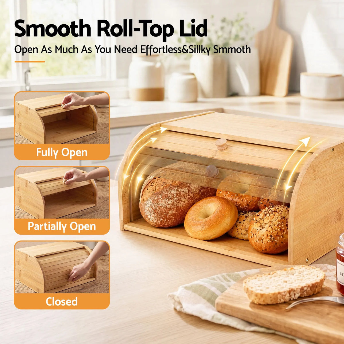 Artiss Bamboo Bread Box Bin Roll Top Kitchen Countertop Storage 45cm Natural - Image 4