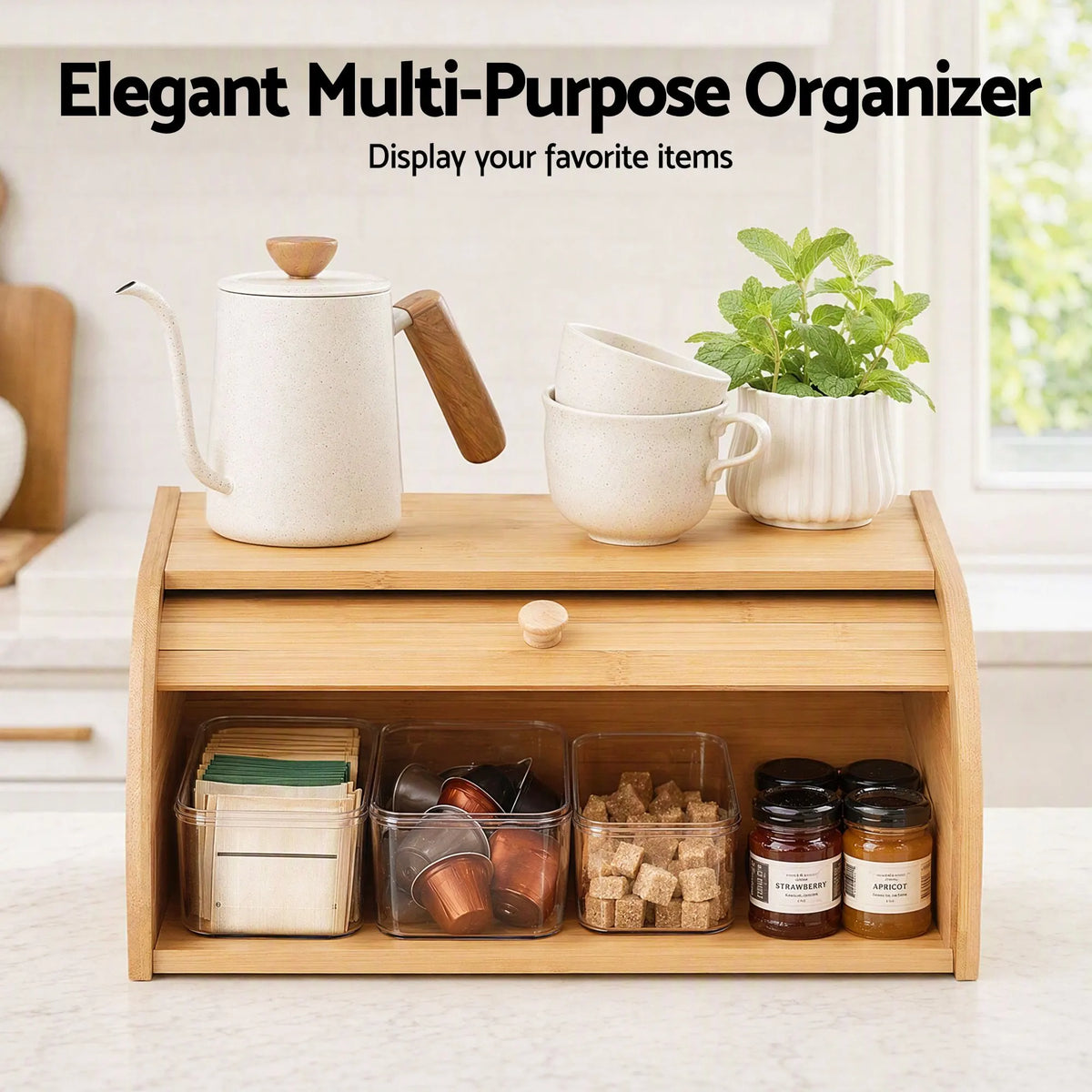 Artiss Bamboo Bread Box Bin Roll Top Kitchen Countertop Storage 45cm Natural - Image 5