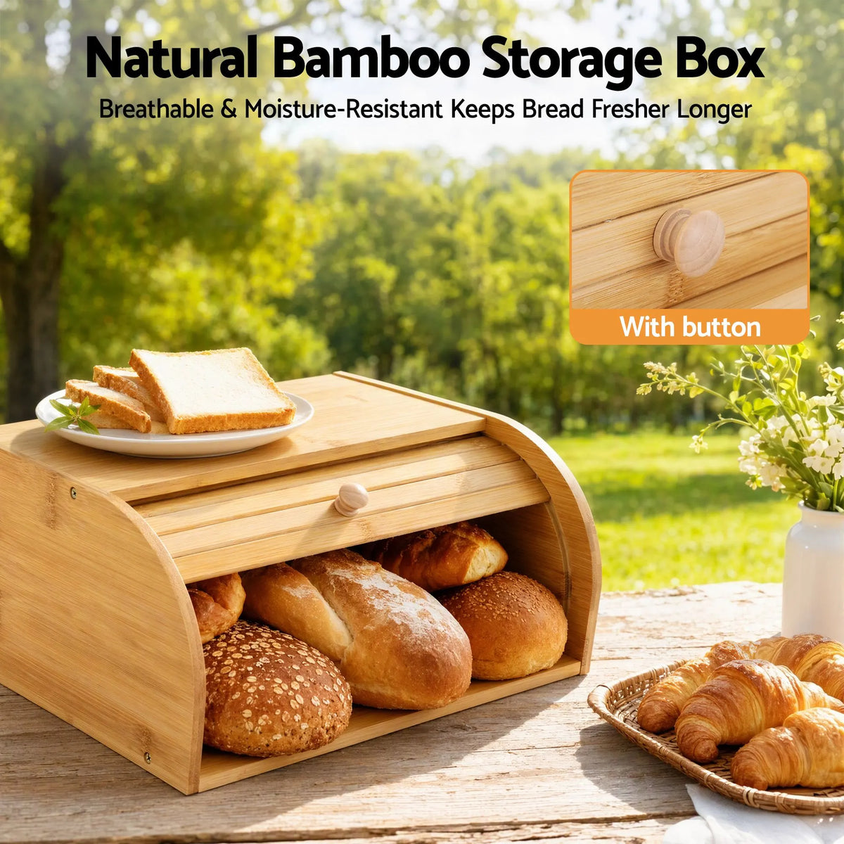 Artiss Bamboo Bread Box Bin Roll Top Kitchen Countertop Storage 45cm Natural - Image 6