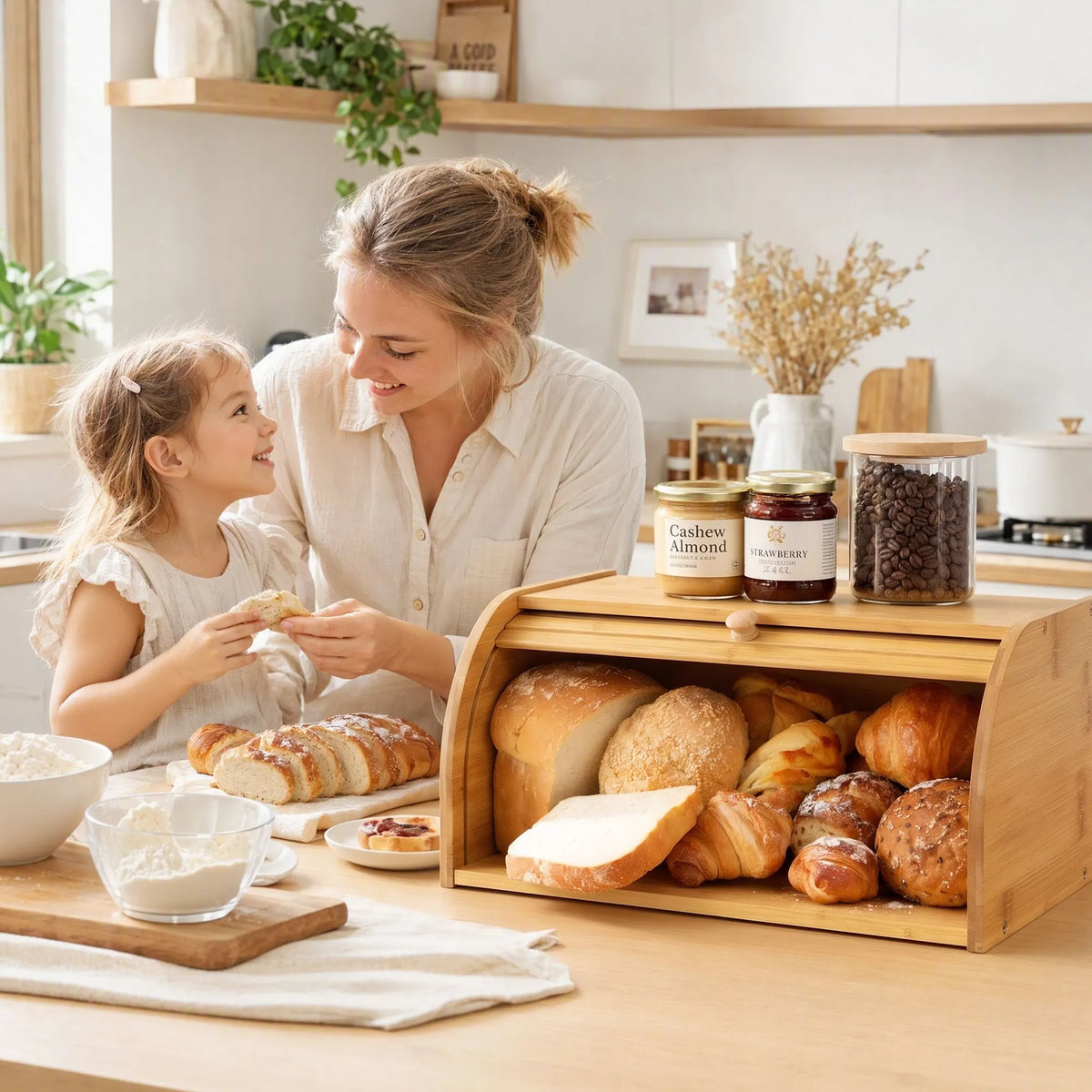 Artiss Bamboo Bread Box Bin Roll Top Kitchen Countertop Storage 45cm Natural - Image 7
