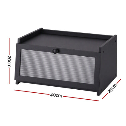 Artiss Bamboo Bread Box Kitchen Countertop Storage Clear Window Shelf 40cm Black - Image 2