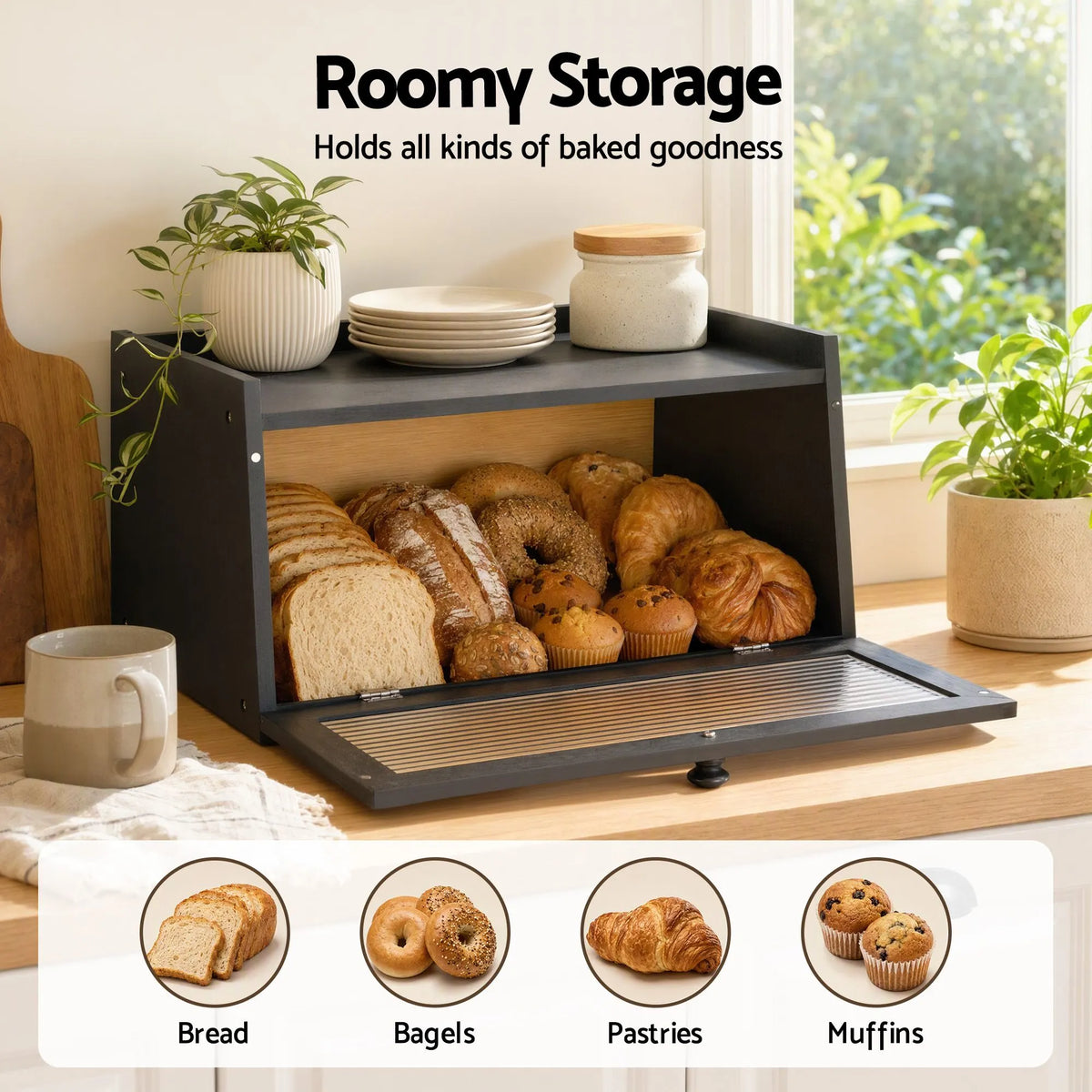 Artiss Bamboo Bread Box Kitchen Countertop Storage Clear Window Shelf 40cm Black - Image 4