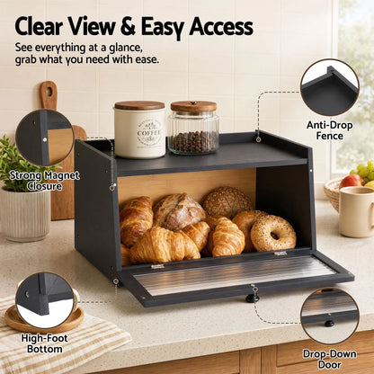 Artiss Bamboo Bread Box Kitchen Countertop Storage Clear Window Shelf 40cm Black - Image 5