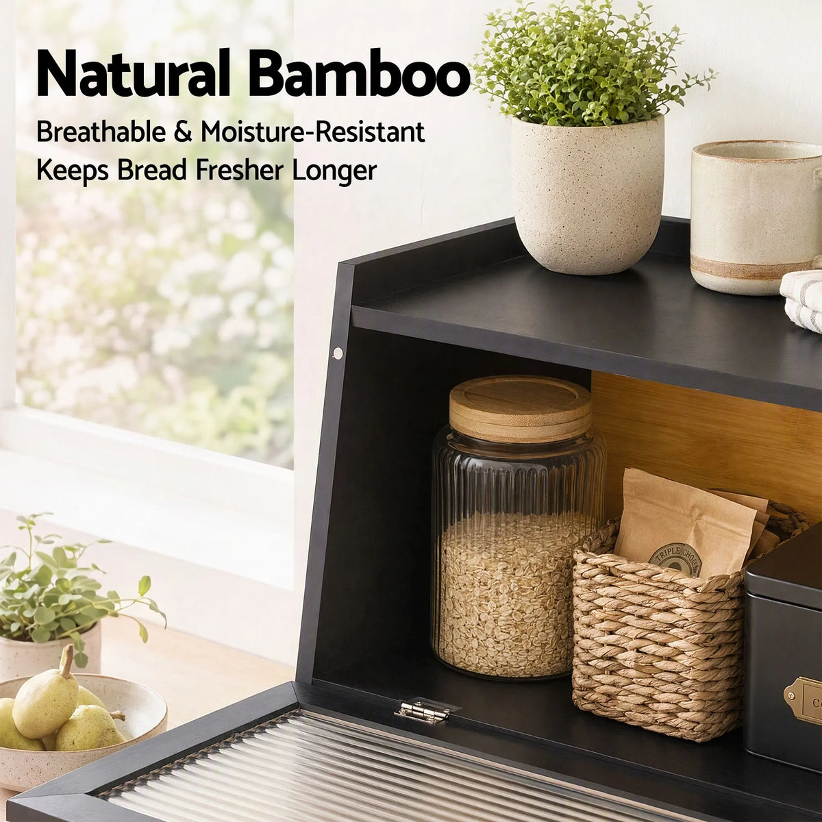 Artiss Bamboo Bread Box Kitchen Countertop Storage Clear Window Shelf 40cm Black - Image 7