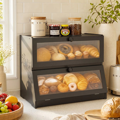 Artiss Bamboo Bread Box 2-Tier Kitchen Countertop Storage 40cm Black