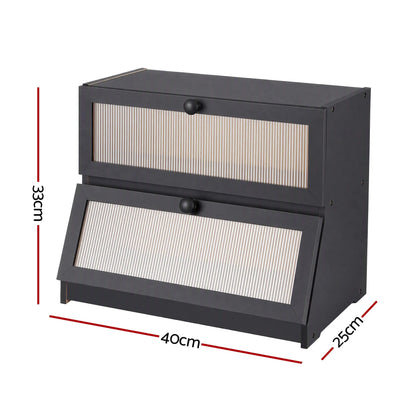 Artiss Bamboo Bread Box 2-Tier Kitchen Countertop Storage 40cm Black - Image 2