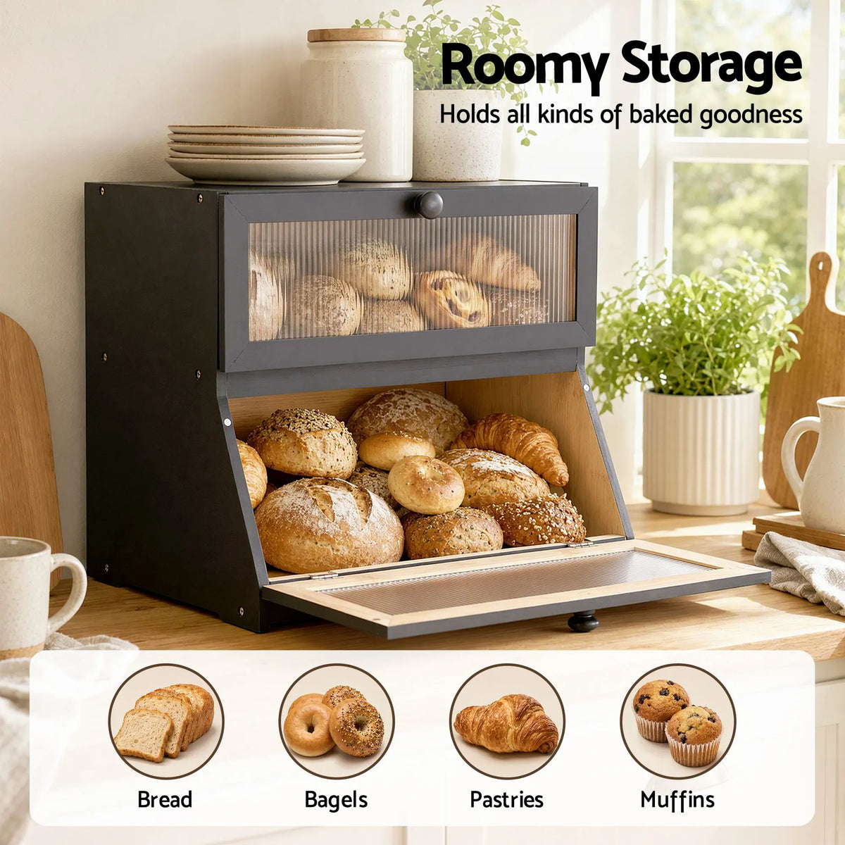 Artiss Bamboo Bread Box 2-Tier Kitchen Countertop Storage 40cm Black - Image 4
