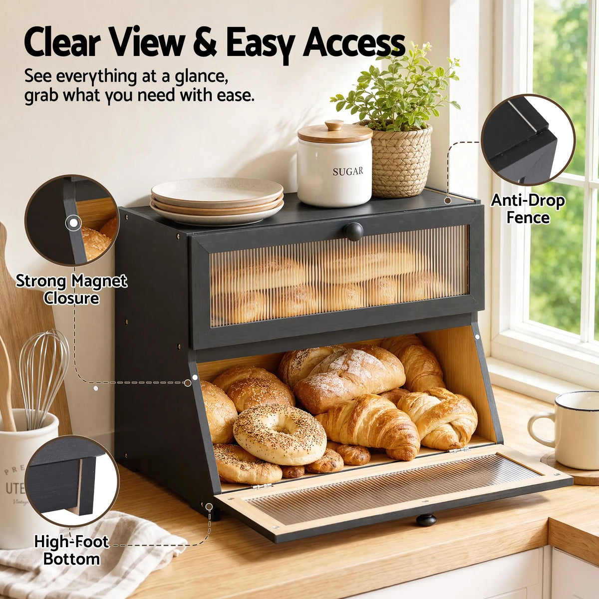 Artiss Bamboo Bread Box 2-Tier Kitchen Countertop Storage 40cm Black - Image 5