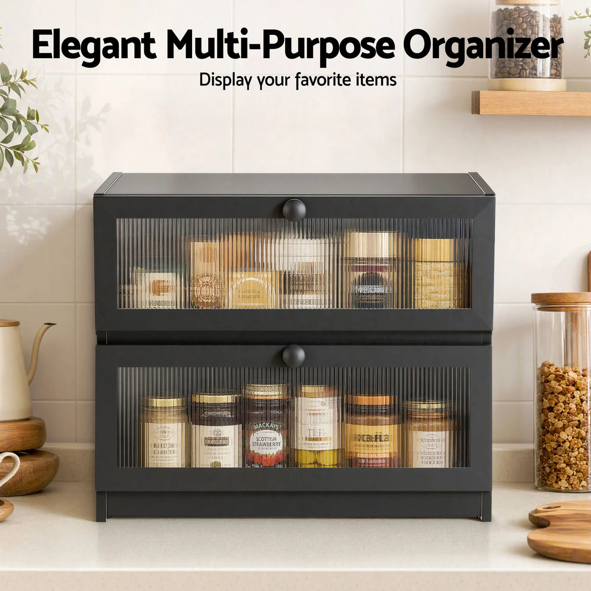 Artiss Bamboo Bread Box 2-Tier Kitchen Countertop Storage 40cm Black - Image 6