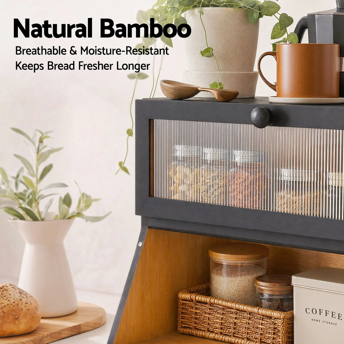 Artiss Bamboo Bread Box 2-Tier Kitchen Countertop Storage 40cm Black - Image 7