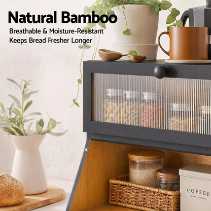 Artiss Bamboo Bread Box 2-Tier Kitchen Countertop Storage 40cm Black - Image 7