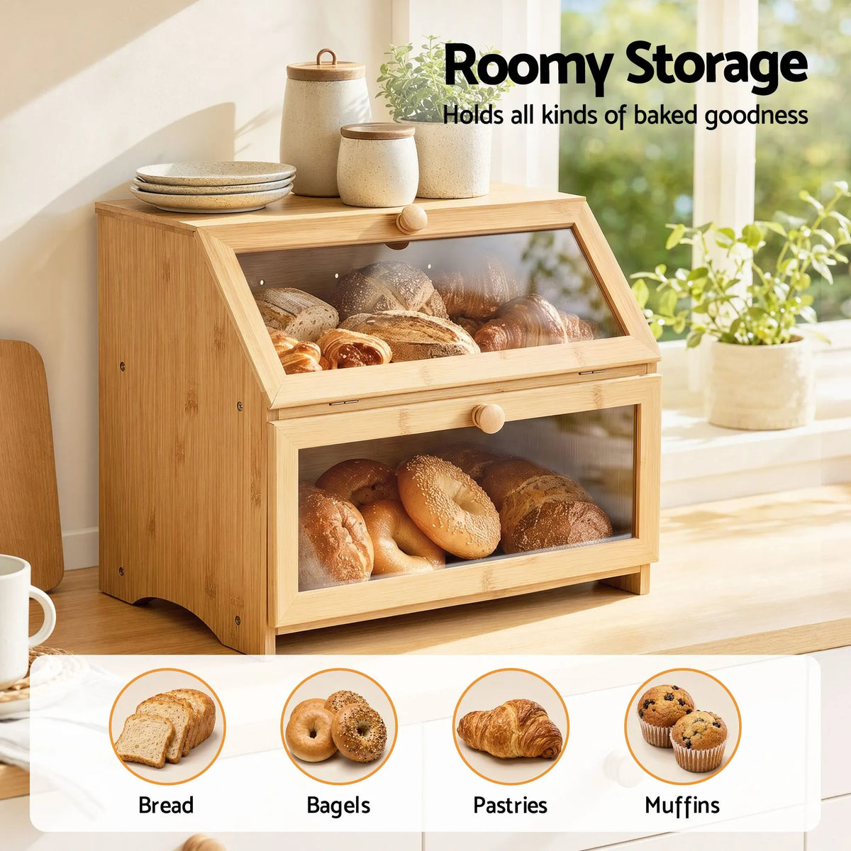 Artiss Bamboo Bread Box 2-Tier Kitchen Countertop Storage 39cm Natural - Image 4