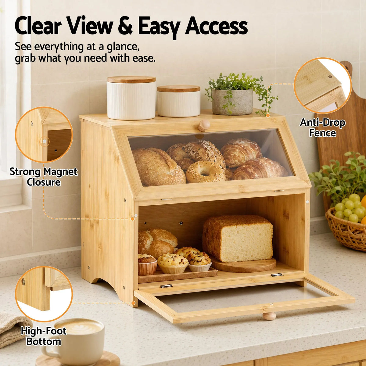 Artiss Bamboo Bread Box 2-Tier Kitchen Countertop Storage 39cm Natural - Image 5