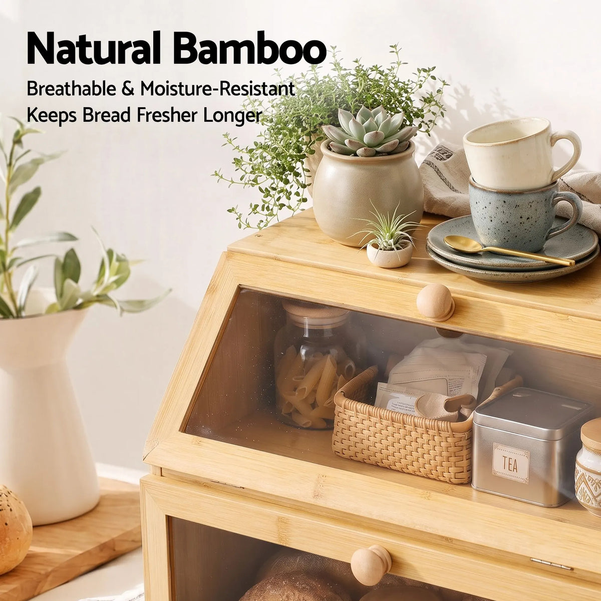 Artiss Bamboo Bread Box 2-Tier Kitchen Countertop Storage 39cm Natural - Image 7