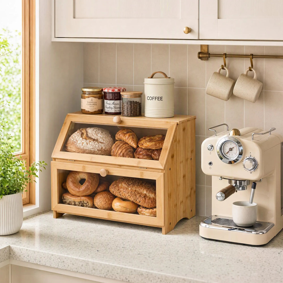Artiss Bamboo Bread Box 2-Tier Kitchen Countertop Storage 39cm Natural - Image 8