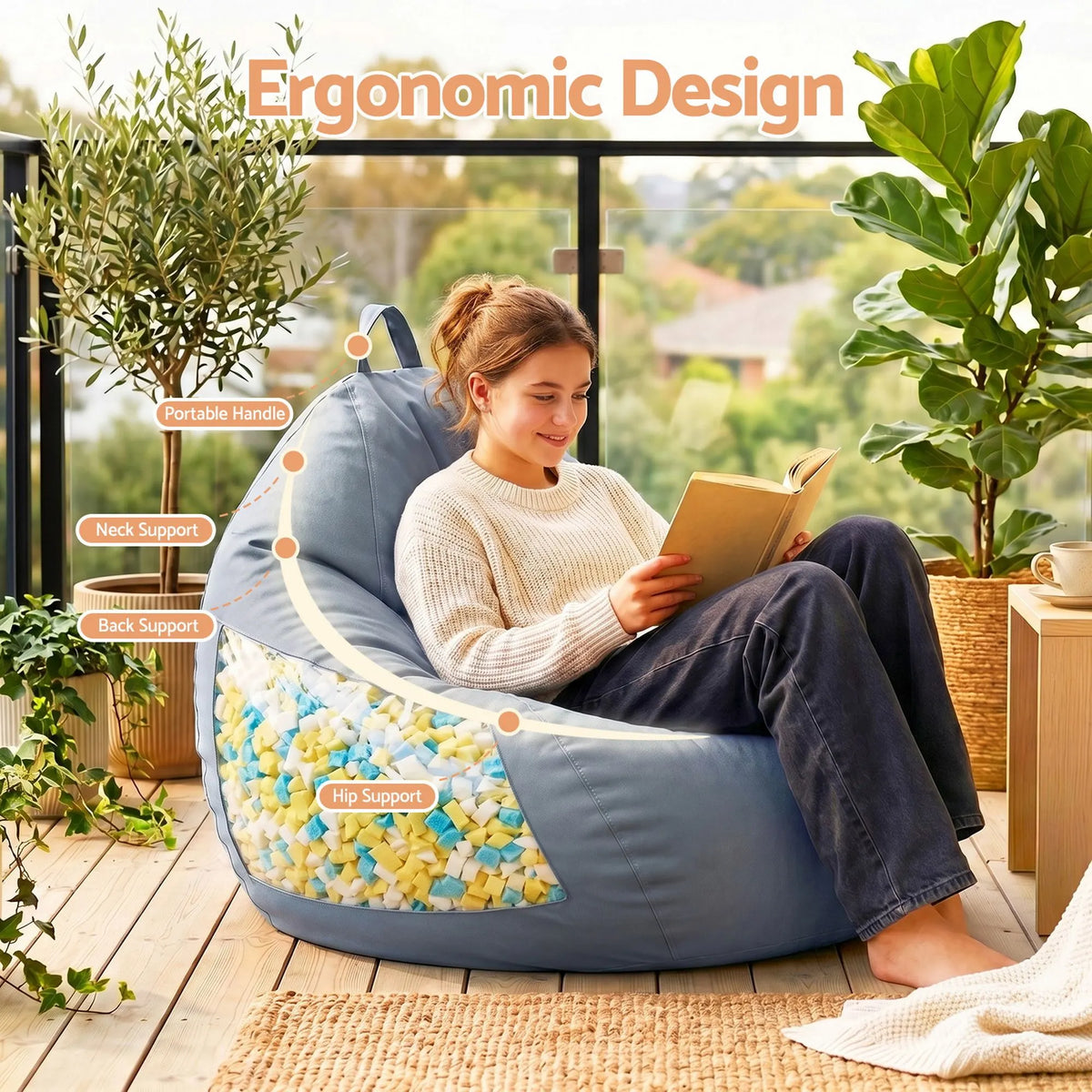 Artiss Outdoor Bean Bag Chair with Filler Splash-Proof Beanbag Sofa for Adults Teens Kids DIY Stuffable Bean Bag for Patio Poolside Relaxing, Grey - Image 5