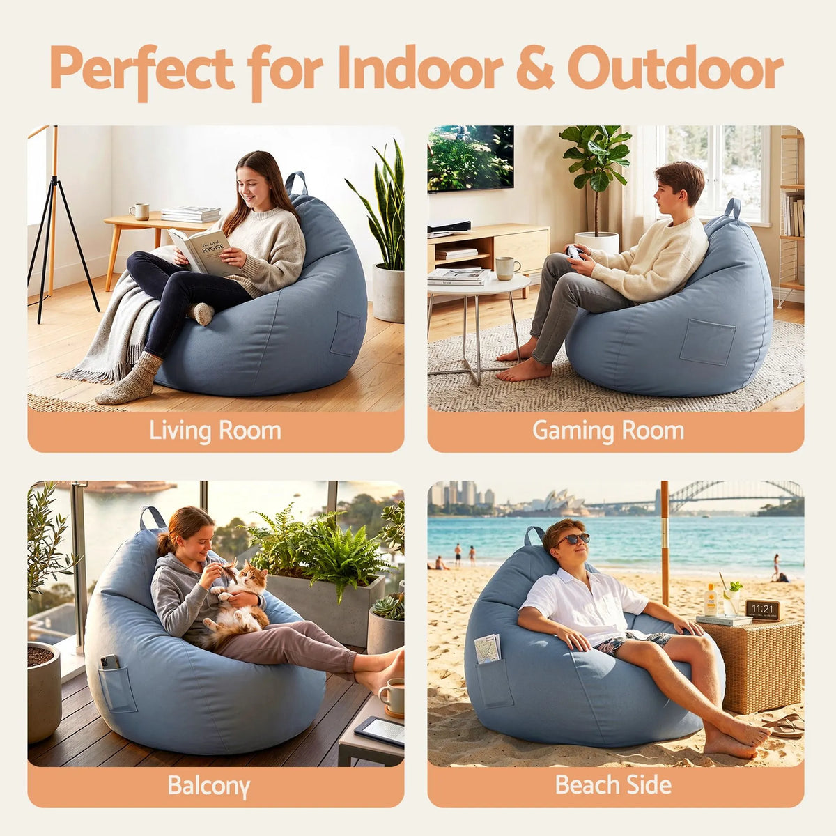 Artiss Outdoor Bean Bag Chair with Filler Splash-Proof Beanbag Sofa for Adults Teens Kids DIY Stuffable Bean Bag for Patio Poolside Relaxing, Grey - Image 7