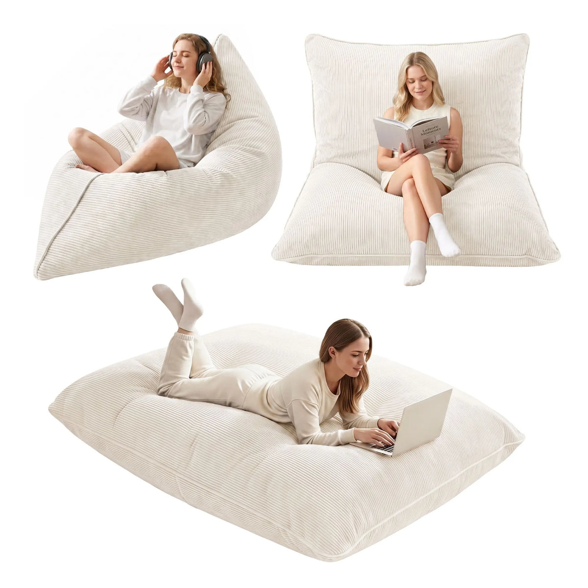 Artiss 3 in 1 Bean Bag Chair Cover (No Filler) Convertible Bean Bag for Adults, Corduroy Stuffed Animal Storage Bean Bag Cover Washable for Living Room Bedroom, Beige - Image 2