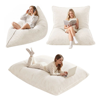Artiss 3 in 1 Bean Bag Chair Cover (No Filler) Convertible Bean Bag for Adults, Corduroy Stuffed Animal Storage Bean Bag Cover Washable for Living Room Bedroom, Beige - Image 2