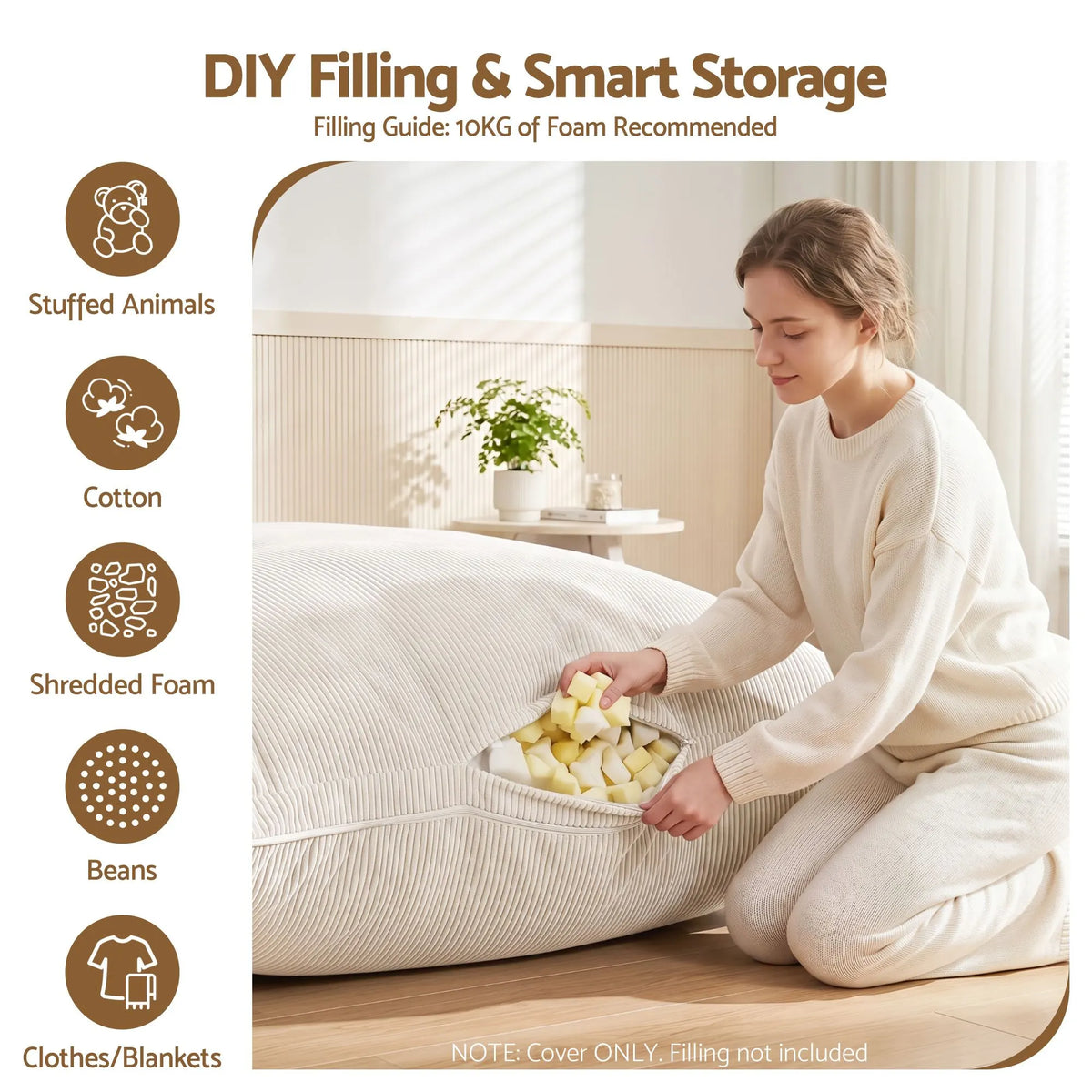 Artiss 3 in 1 Bean Bag Chair Cover (No Filler) Convertible Bean Bag for Adults, Corduroy Stuffed Animal Storage Bean Bag Cover Washable for Living Room Bedroom, Beige - Image 6