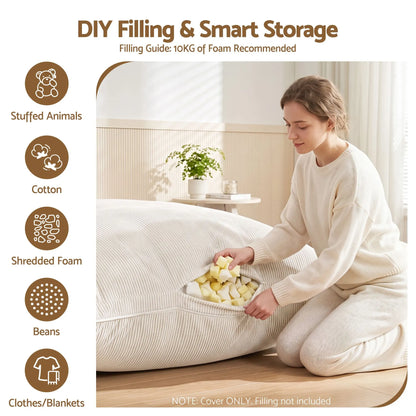 Artiss 3 in 1 Bean Bag Chair Cover (No Filler) Convertible Bean Bag for Adults, Corduroy Stuffed Animal Storage Bean Bag Cover Washable for Living Room Bedroom, Beige - Image 6
