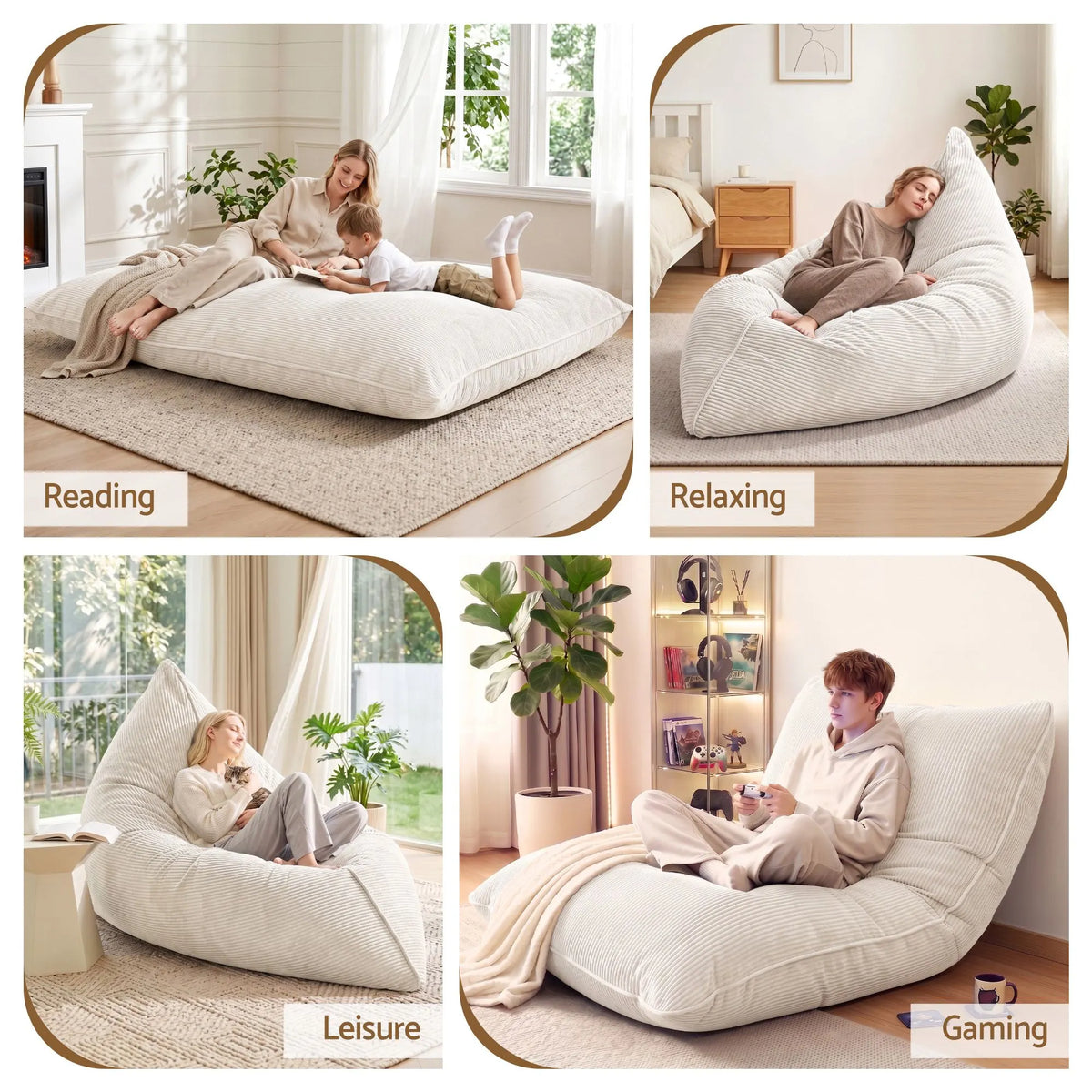Artiss 3 in 1 Bean Bag Chair Cover (No Filler) Convertible Bean Bag for Adults, Corduroy Stuffed Animal Storage Bean Bag Cover Washable for Living Room Bedroom, Beige - Image 8