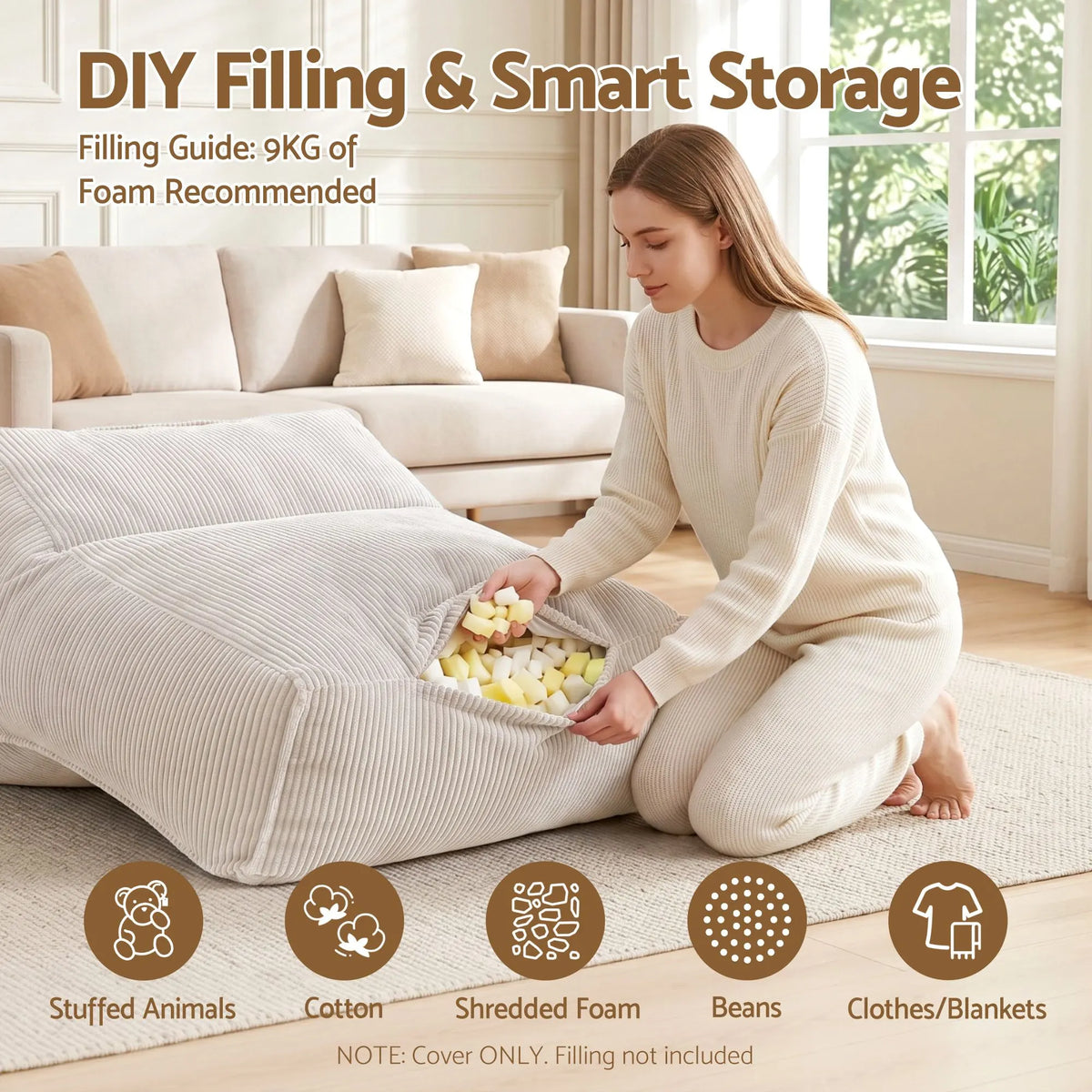 Artiss Bean Bag Chair Cover (No Filler) Soft Corduroy Stuffed Animal Storage Bean Bag Cover for Adults, Washable Lazy Sofa Cover for Living Room Bedroom, Beige - Image 6