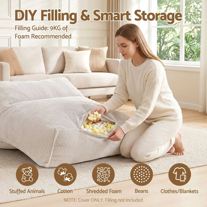 Artiss Bean Bag Chair Cover (No Filler) Soft Corduroy Stuffed Animal Storage Bean Bag Cover for Adults, Washable Lazy Sofa Cover for Living Room Bedroom, Beige - Image 6