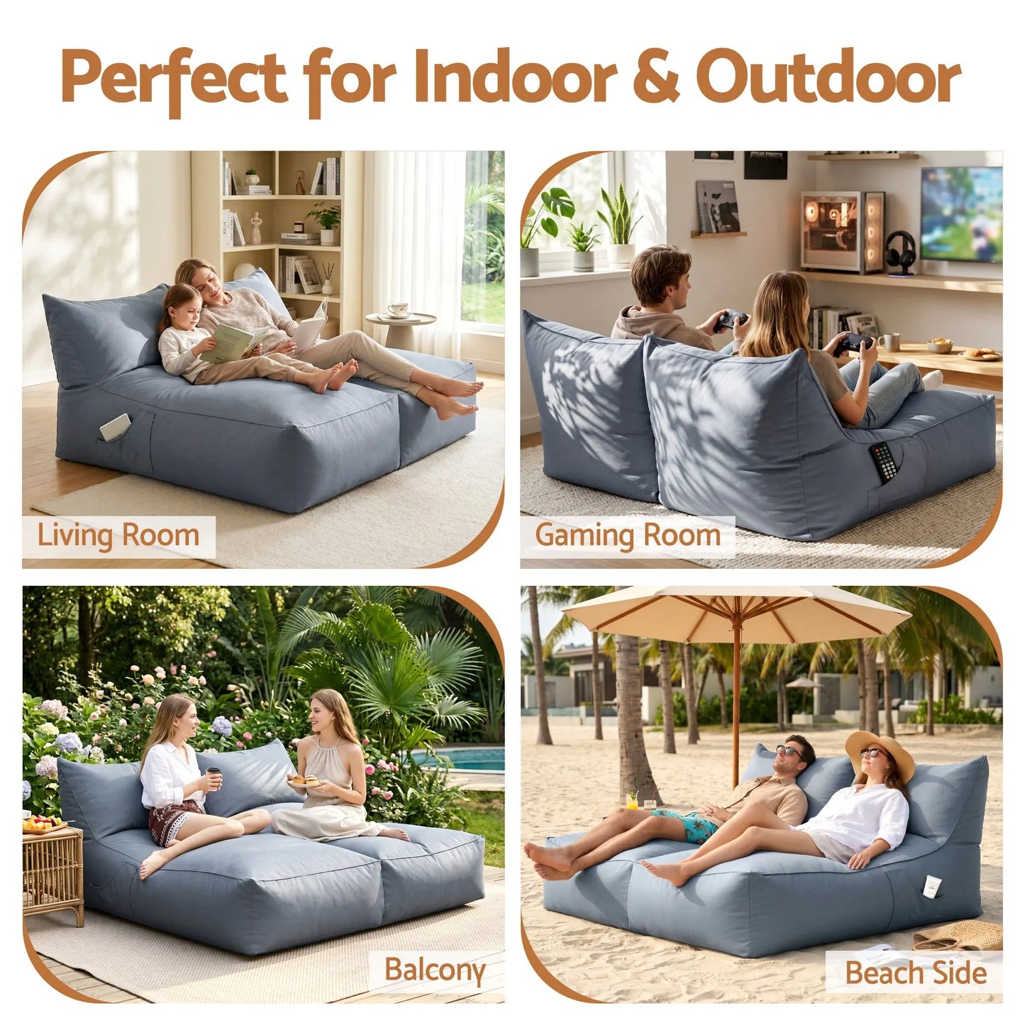 Artiss Outdoor Bean Bag Chair with Filler 2 Seater Beanbag Lounge Adults Splash-Proof Large Bean Bag Cover with Filling for Patio Poolside Relaxing Indoor, Grey - Image 6