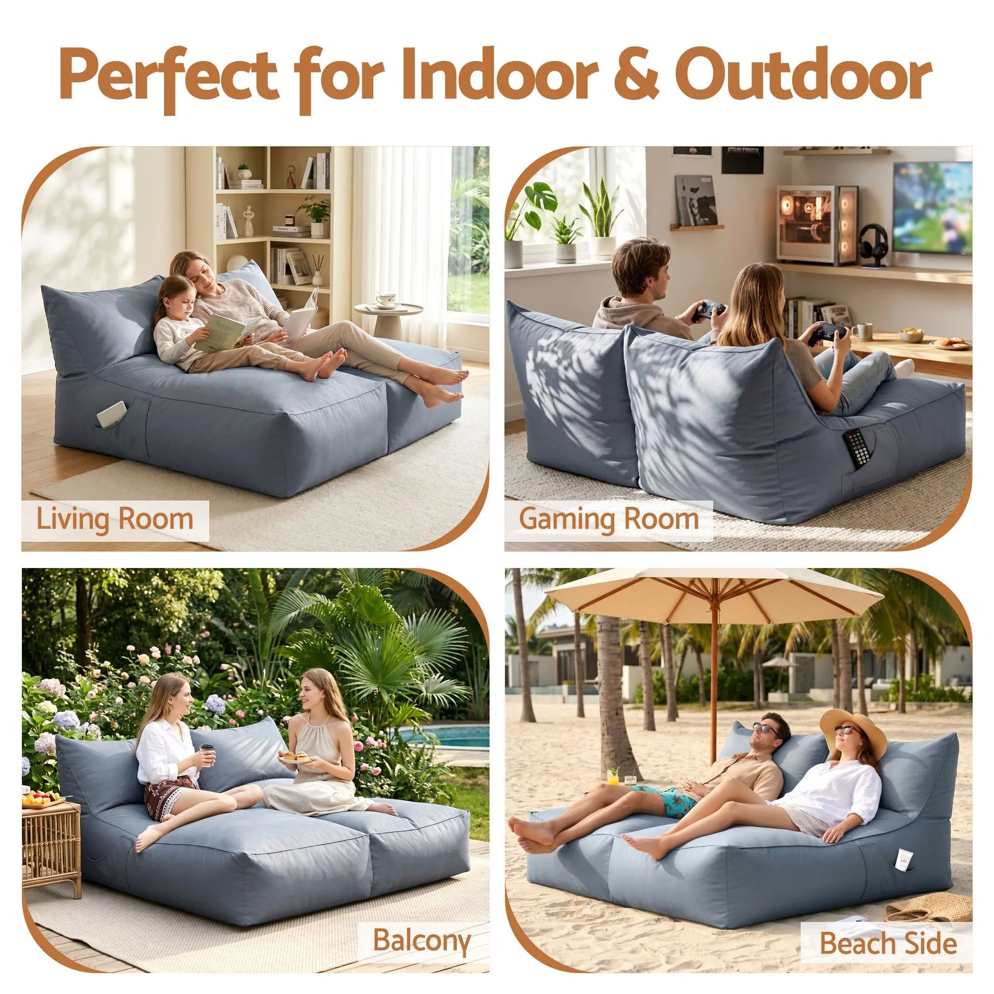 Artiss Outdoor Bean Bag Chair with Filler 2 Seater Beanbag Lounge Adults Splash-Proof Large Bean Bag Cover with Filling for Patio Poolside Relaxing Indoor, Grey - Image 6