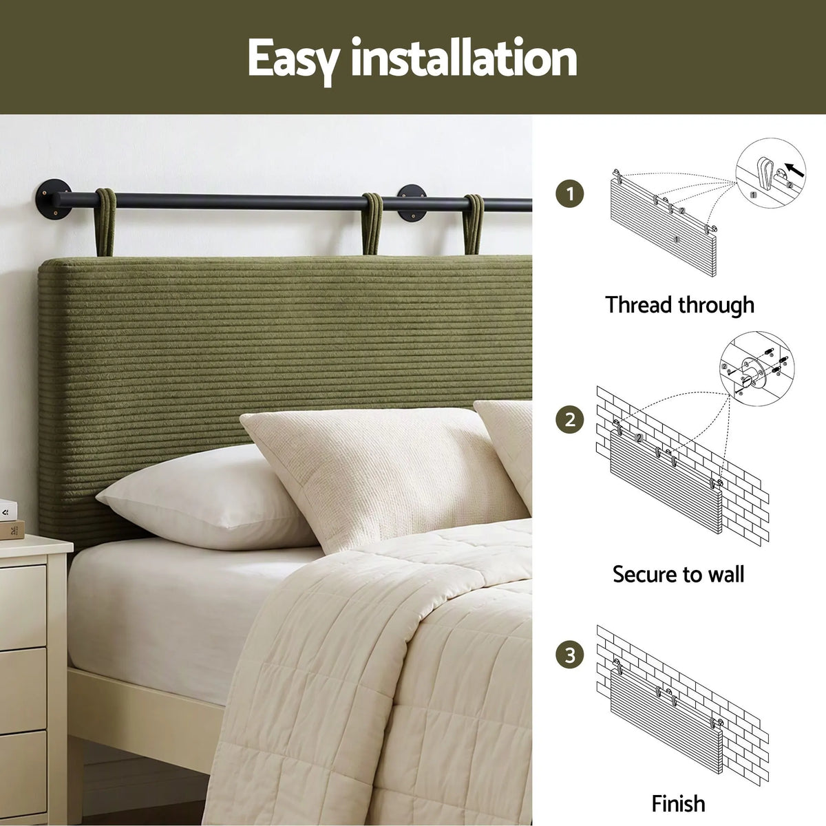 Artiss Wall Mounted Headboard Double Corduroy Upholstered Hanging Bed Head - Image 5