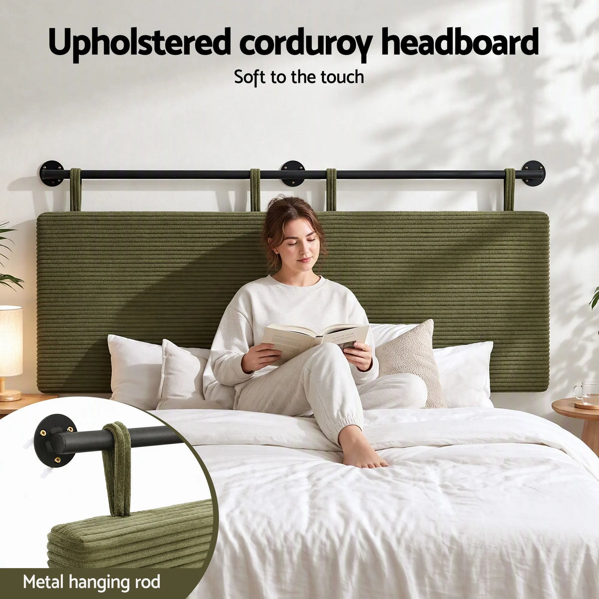Artiss Wall Mounted Headboard Double Corduroy Upholstered Hanging Bed Head - Image 7