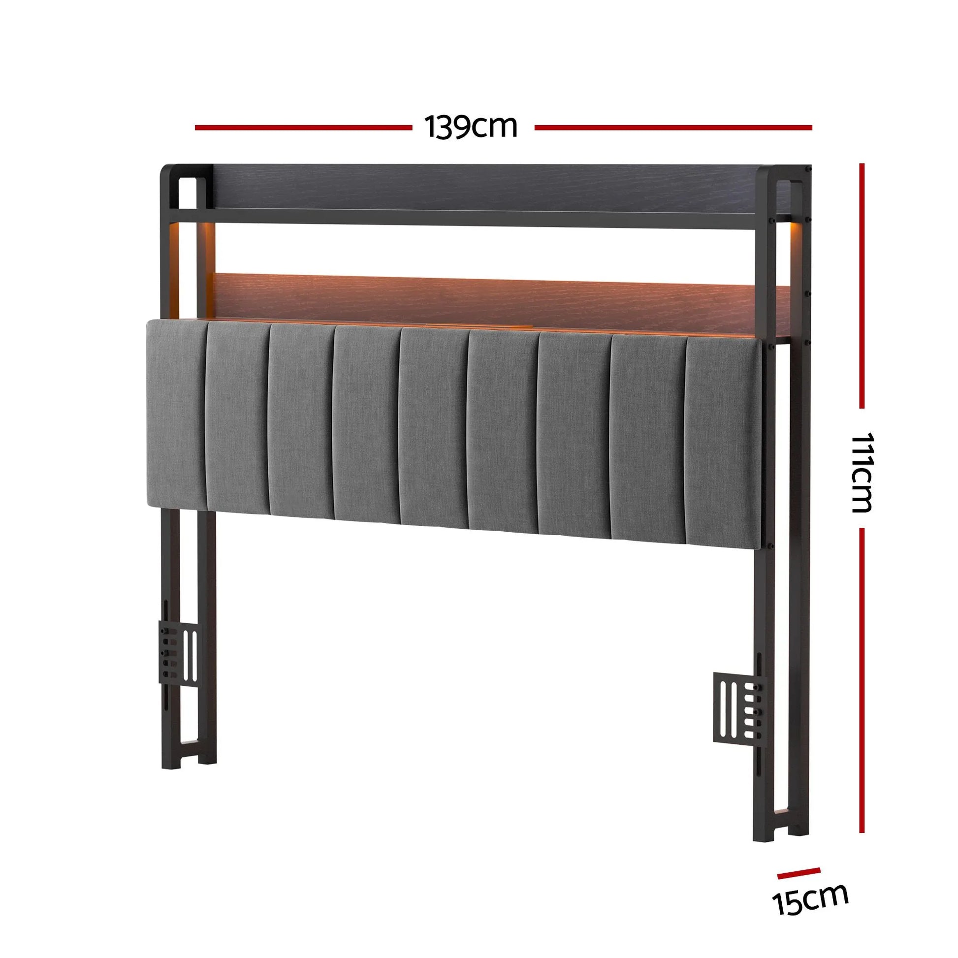Artiss Double Headboard Charging Station Storage LED Light Grey Upholstered - Image 3