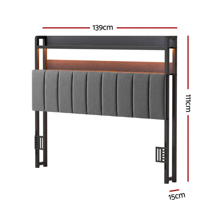 Artiss Double Headboard Charging Station Storage LED Light Grey Upholstered - Image 3