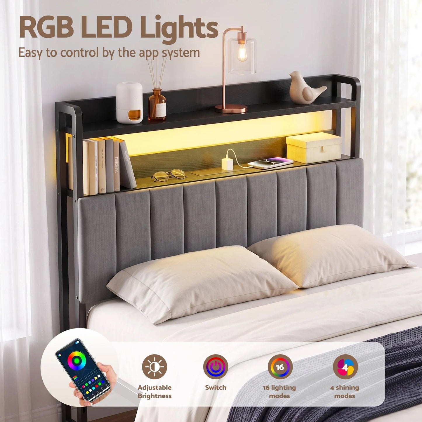 Artiss Double Headboard Charging Station Storage LED Light Grey Upholstered - Image 5